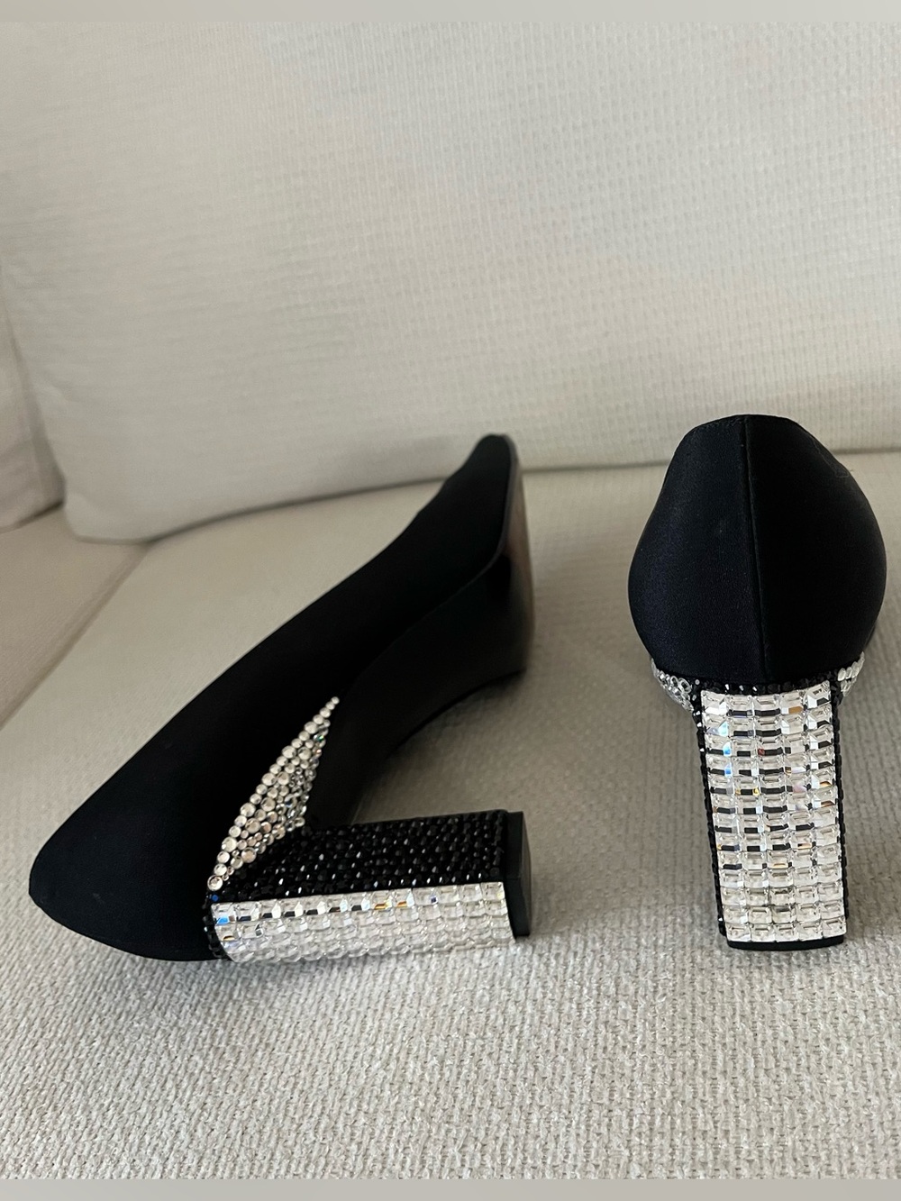 Elegant Stuart Weitzman Black Pumps with Crystal-Embellished Block Heels